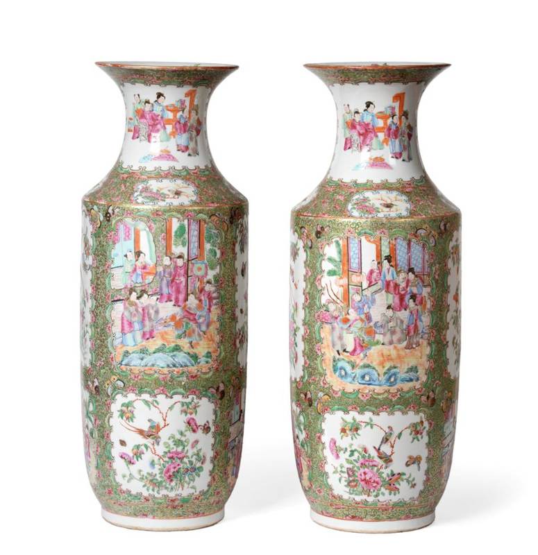 Lot 560 - A Pair of Cantonese Porcelain Vases, mid 19th century, of baluster form with flared necks,...
