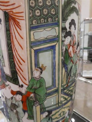 Lot 562 - A Chinese Porcelain Rouleau Vase, painted in famille verte enamels with dignitaries and...