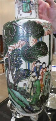 Lot 562 - A Chinese Porcelain Rouleau Vase, painted in famille verte enamels with dignitaries and...