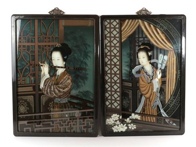 Lot 566 - Chinese School (late Qing Dynasty): A Pair of Reverse Paintings on Glass, depicting beauties,...