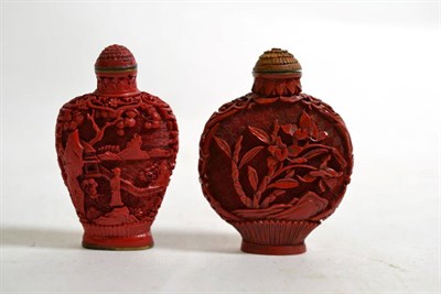 Lot 569 - A Chinese Cinnabar Lacquer Snuff Bottle and Stopper, of flattened baluster form carved with figures