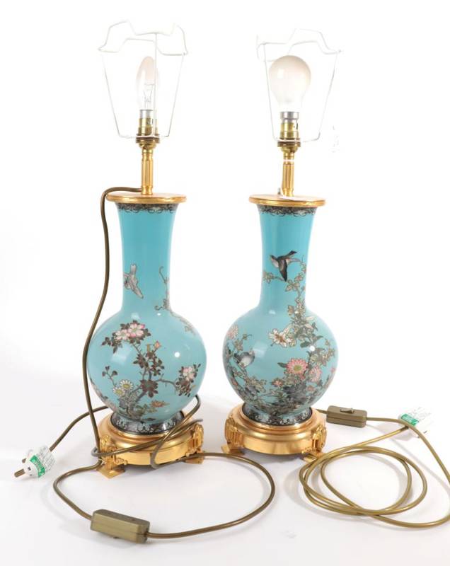 Lot 572 - ~ A Pair of Japanese Cloisonné Enamel Bottle Vases, Meiji period, decorated with birds amongst...
