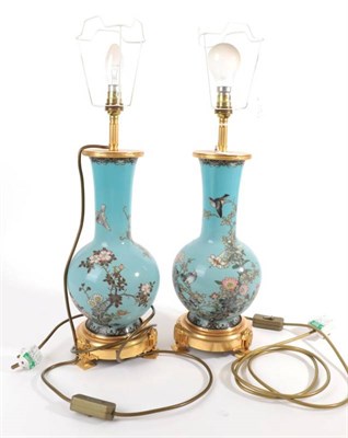 Lot 572 - ~ A Pair of Japanese Cloisonné Enamel Bottle Vases, Meiji period, decorated with birds amongst...