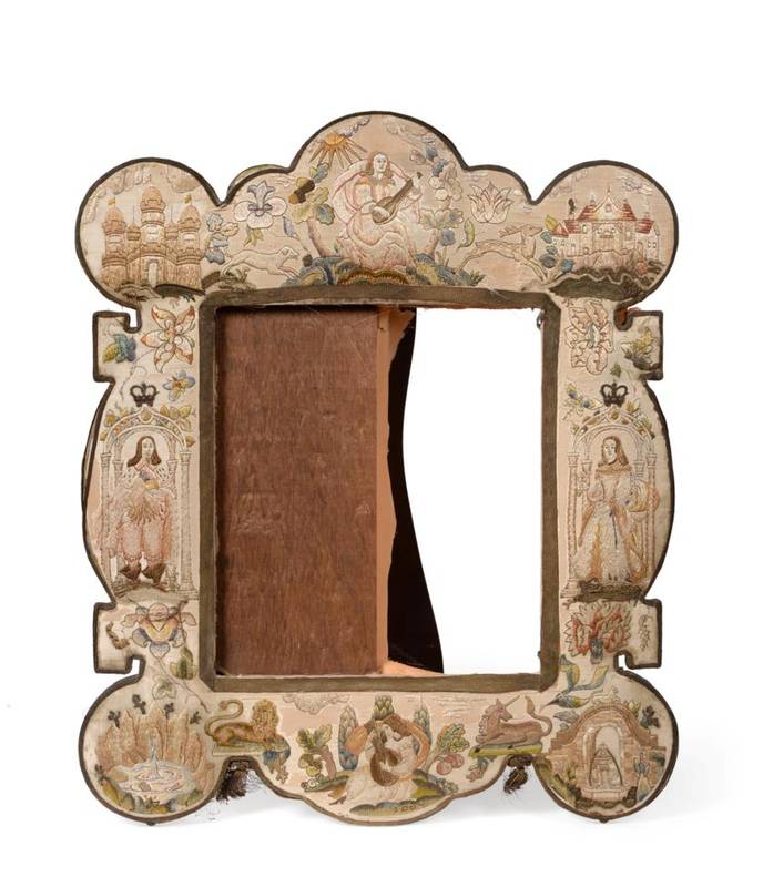 Lot 585 - A Needle and Stumpwork Mirror Frame, mid 17th century, of lobed rectangular form, worked with...