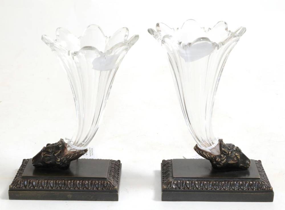 Lot 589 - ~ A Pair of Regency Bronze and Glass Cornucopia Vases, on rectangular bases with stiff leaf...