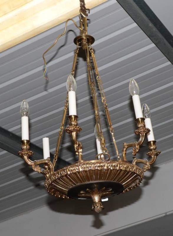 Lot 596 - ~ A Gilt and Patinated Bronze Six-Light Chandelier, 19th century, the fluted and leaf sheathed...