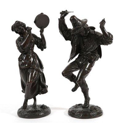 Lot 605 - ~ French School (late 19th century) A Pair of Bronze Figures of Peasant Dancers, he with a...
