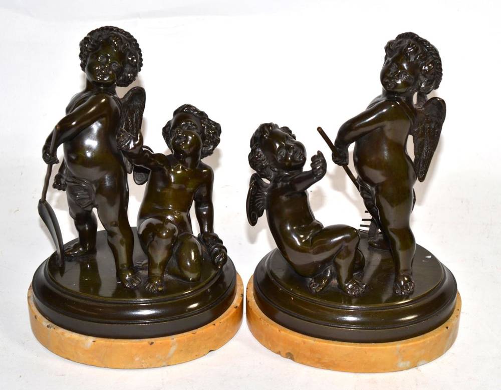 Lot 607 - French Scholl (19th century): A Pair of Bronze Figure Groups of Cherubs, each as a standing...