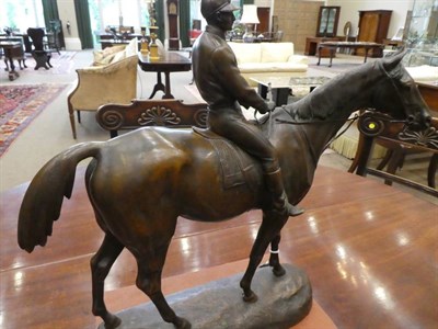 Lot 614 - Paul Comolera (French, 1818-1897): A Bronze Racehorse with Jockey Up, on a mound base, signed P...