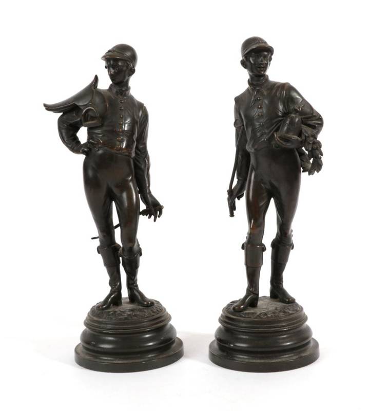 Lot 615 - Lalouette: A Pair of Bronze Figures of Jockeys, before and after the race, on mound bases and...