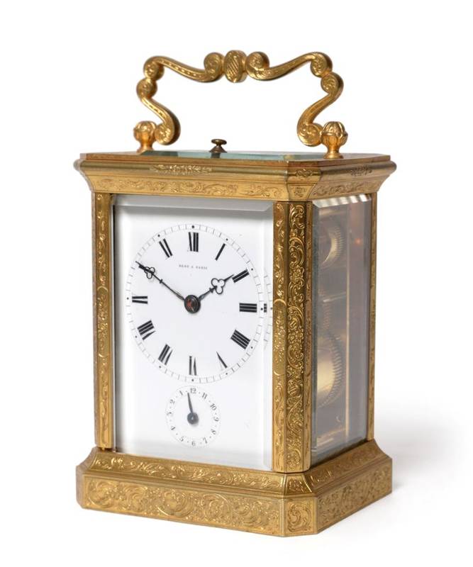 Lot 626 - ^ A Gilt Brass Engraved Striking and Repeating Alarm Carriage Clock, signed Dent A Paris, circa...