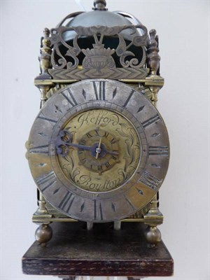 Lot 634 - A Small Brass Lantern Form Hook and Spike Alarm Wall Timepiece, signed Kefford, Royston, circa...
