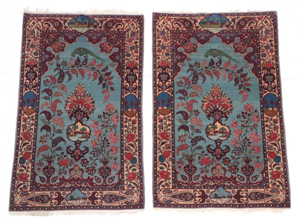 Lot 666 - Good Pair of Kashan Rugs Central Iran, circa 1930 Each with a duck egg blue field centred by a...