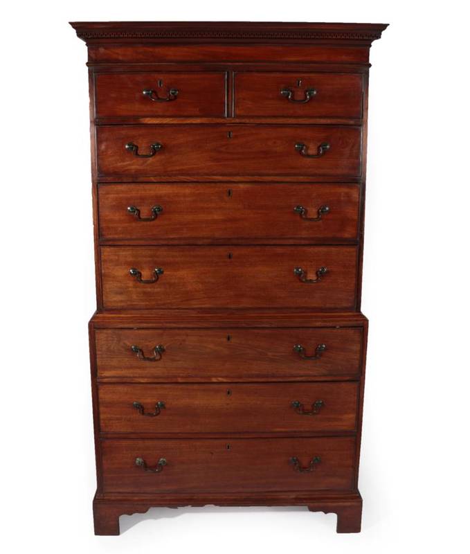 Lot 689 - ^ A George III Mahogany Chest on Chest, circa 1800, with Greek Key dentil cornice above two...