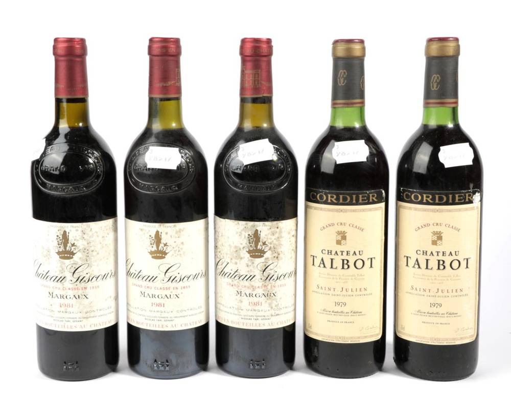 Lot 2027 - Chateau Giscours 1981 Margaux 3 bottles all bn, Chateau Talbot 1979 2 bottles bn, (5 bottles in...