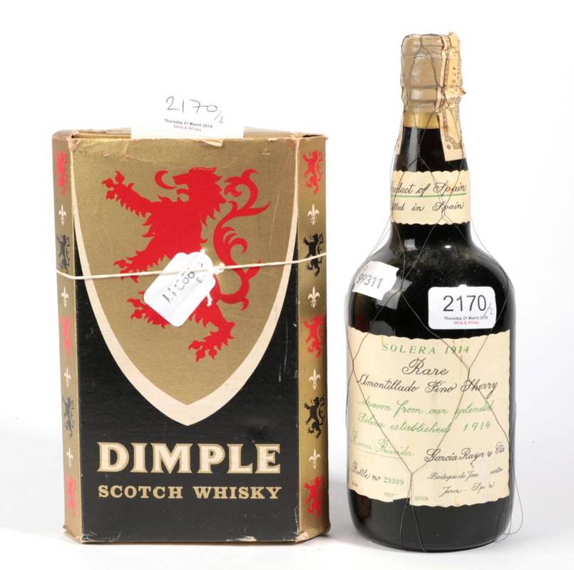 Lot 2170 - Haig Dimple original box, old bottling 1 bottle, Garcia Raya Y Cia Amontillado Sherry 1 bottle...