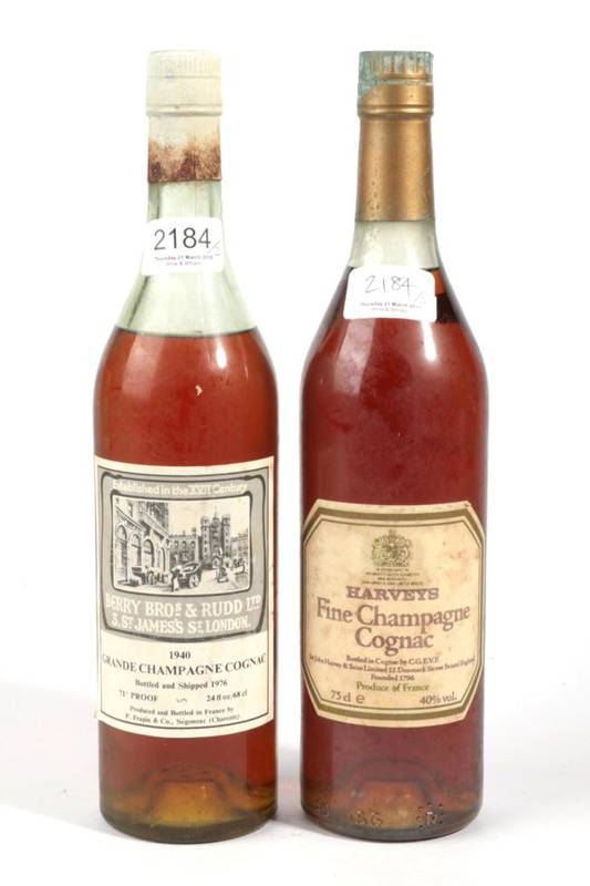 Lot 2184 - Berry Bros Grand Champagne Cognac 1940 bottled and shipped 1976 1 bottle and Harveys Fine Champagne