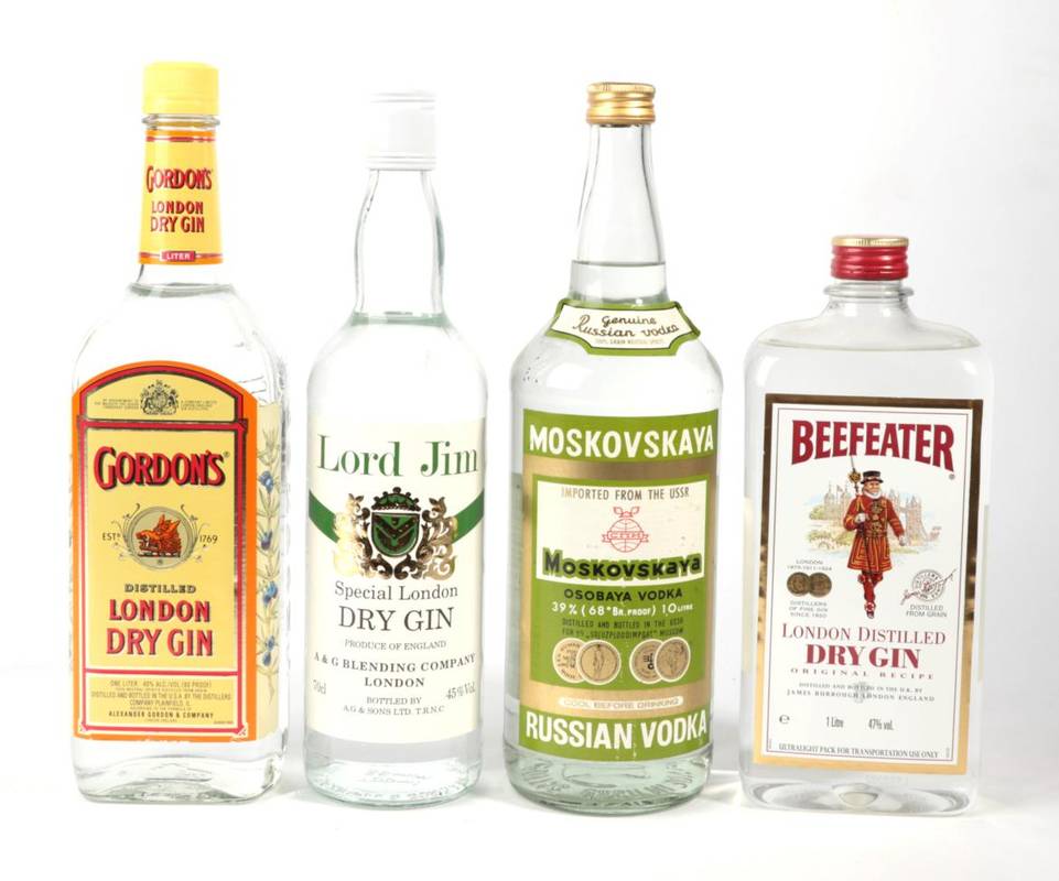 Lot 2185 - Lord Jim Gin old bottling 1 bottle, Beefeater Gin 1bottle, Gordons Gin old bottling 1 bottle, Vodka