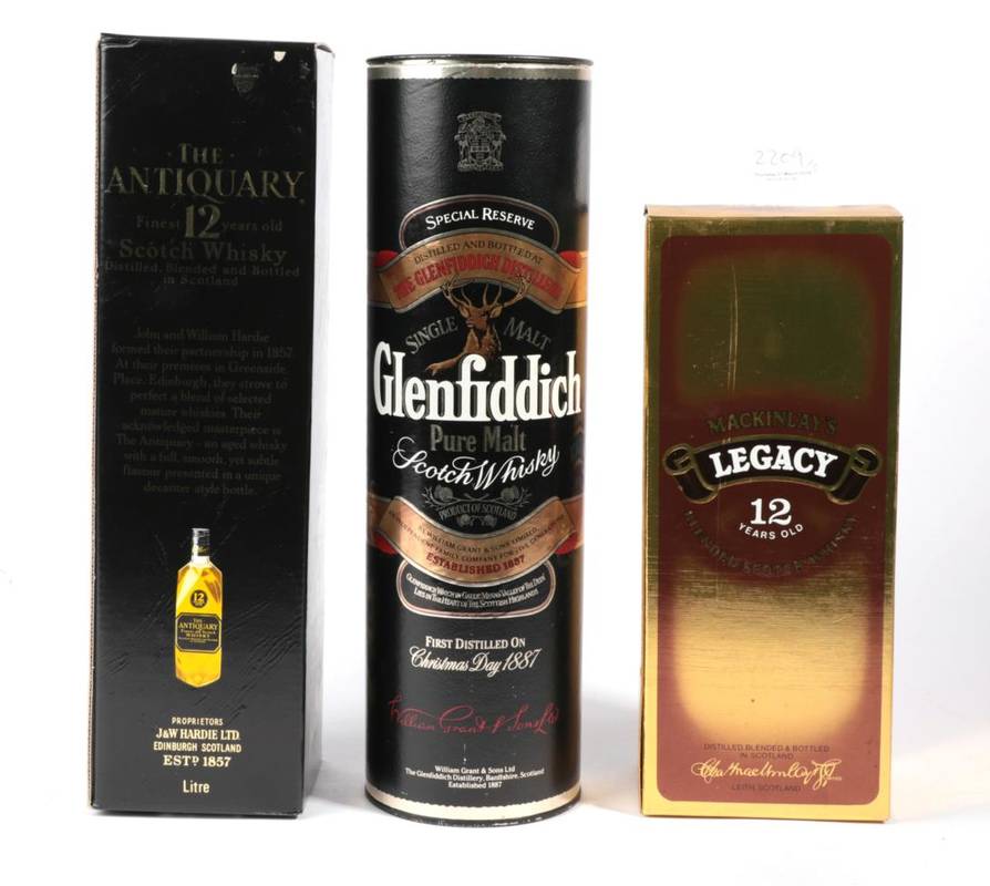 Lot 2209 - The Antiquary 12 years old 43% 1 bottle, Mackinlay's Legacy 12 years old 40% 1 bottle,...