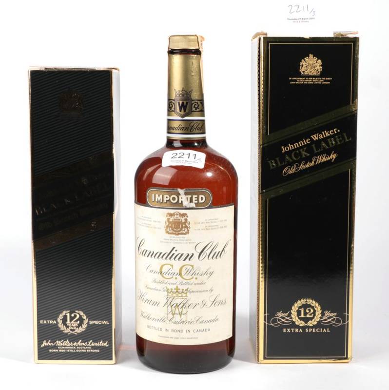 Lot 2211 - Johnnie Walker Black Label 43% 1 litre, Johnnie Walker Black Label 40% 1 bottle, Canadian Club...