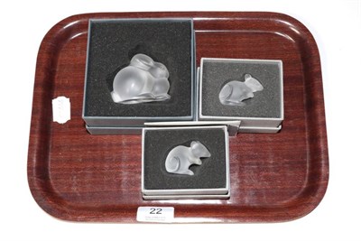 Lot 22 - Three Lalique glass models, two mice and a rabbit (all boxed)