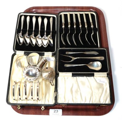 Lot 23 - A set of six silver Sandringham pattern grapefruit spoons, Viners Ltd, Sheffield 1939, cased; a...