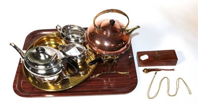 Lot 27 - A Bentley's Yorkshire Brewery ltd brass tray; a copper and brass spirit kettle; a burner and stand