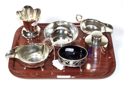 Lot 29 - A group of silver items, comprising: two sauce boats, Birmingham 1927 and 1937; a small tea...