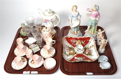 Lot 34 - Cold painted Vienna style bronze pug, Meissen cup and saucer, Dresden dish, five glasses, two pairs