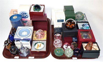 Lot 35 - Paperweights including Caithness and Wedgwood examples, and other glassware on two trays