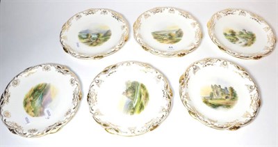 Lot 44 - A set of six Davenport Longport handpainted dessert dishes landscape vignette, gilt embellished (6)