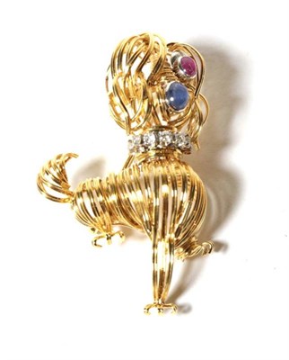 Lot 55 - A sapphire, ruby and diamond novelty poodle brooch, with cabochon ruby eye, cabochon sapphire...