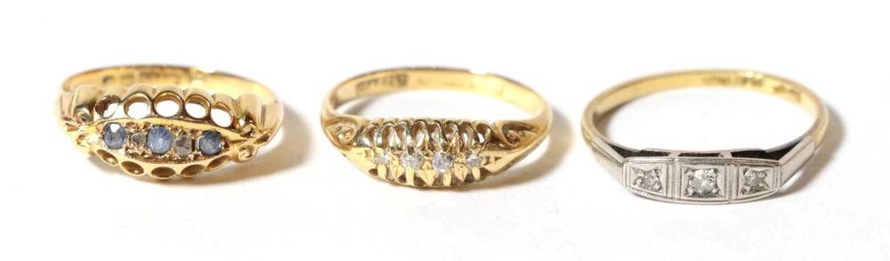 Lot 63 - An 18 carat gold gem set ring, finger size I; a four stone diamond ring, marks rubbed, finger...