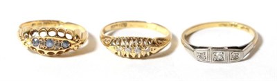 Lot 63 - An 18 carat gold gem set ring, finger size I; a four stone diamond ring, marks rubbed, finger...