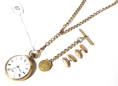Lot 67 - A 9 carat gold open faced pocket watch with attached curb link chain with clasp, stamped '9CT',...