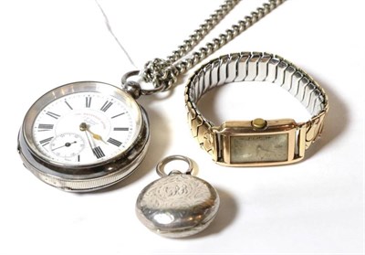 Lot 72 - A 9 carat gold gents rectangular wristwatch, silver open faced pocket watch and a silver...