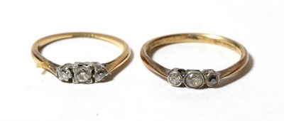 Lot 94 - Two three stone diamond rings, both stamped '18ct', finger sizes M and P1/2