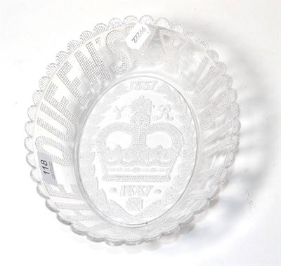 Lot 118 - A Queen Victoria 1837-1887 Golden Jubilee pressed glass dish of oval form, undulating rim