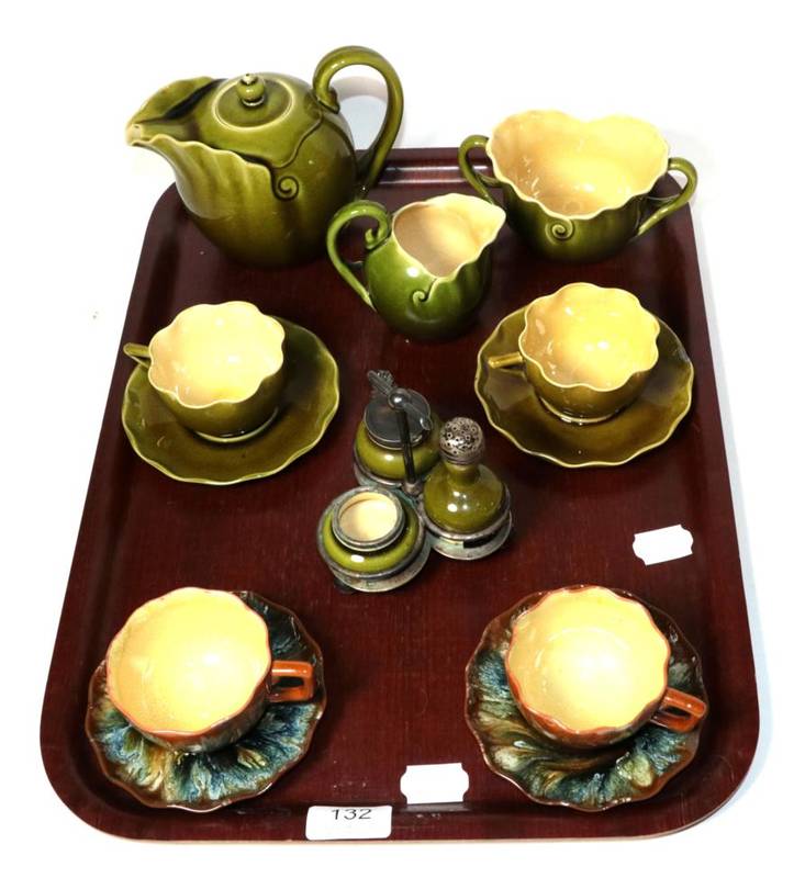 Lot 132 - Linthorpe pottery: a three piece tea set numbers 1037, 1038 and 1039, a pair of tea cups and...