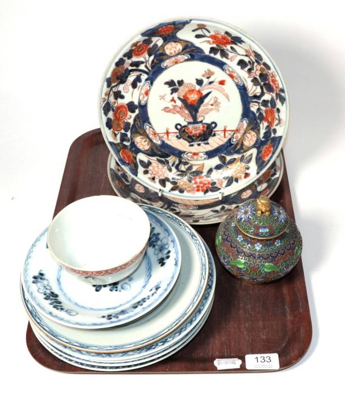 Lot 133 - A group of Chinese blue and white export porcelain plates; a pair of Imari porcelain plates; a bowl