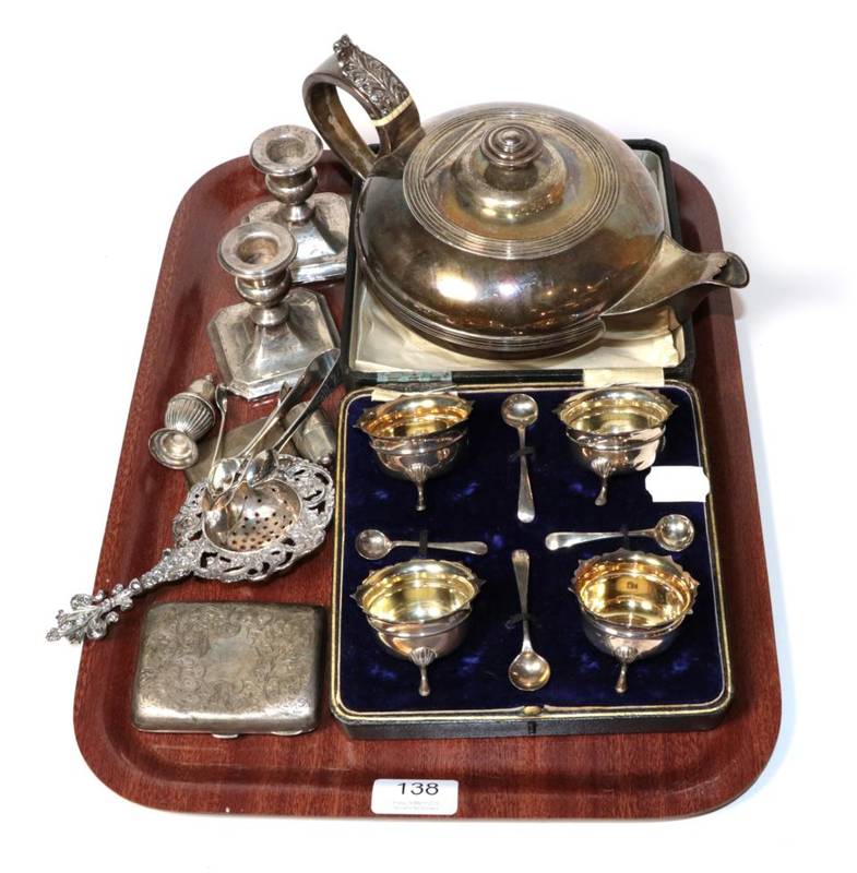 Lot 138 - A set of four silver salts, Birmingham 1913, in a fitted case, together with various further silver