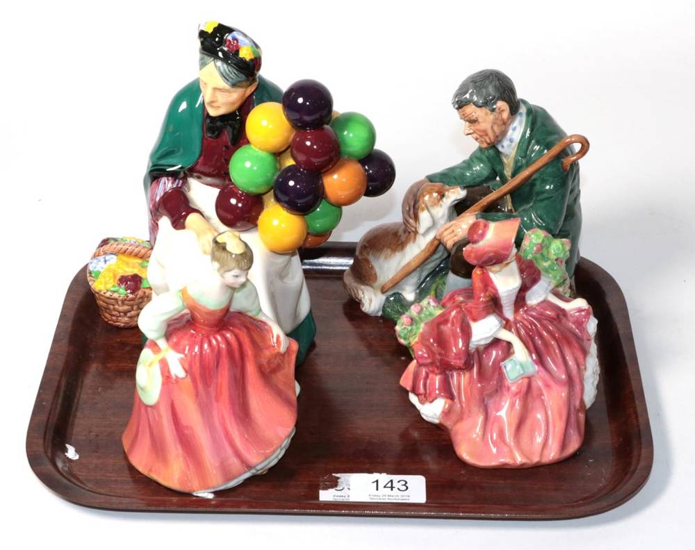Lot 143 - Four Royal Doulton figures including The Old Balloon Seller HN1315 etc (4)