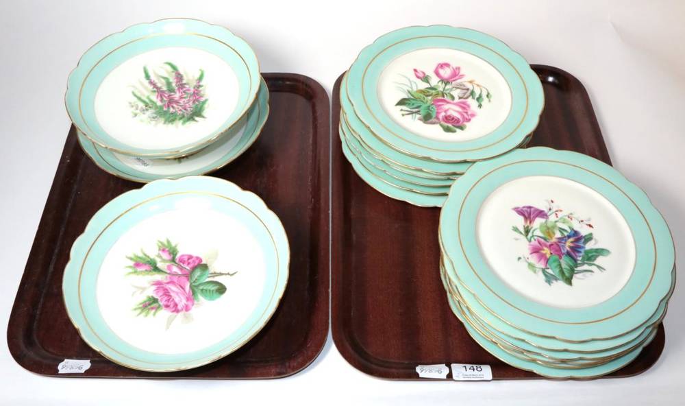 Lot 148 - A 19th century duck egg blue ground porcelain floral dessert service, comprising twelve plates...