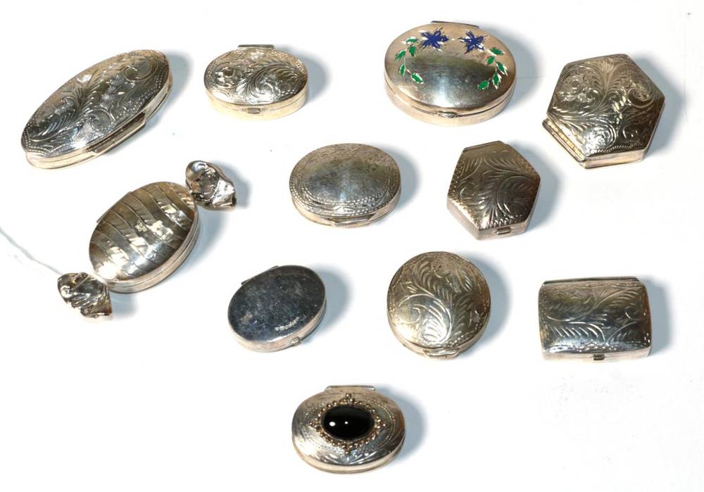 Lot 161 - A collection of eleven various modern silver pill boxes, including an example modelled as a...
