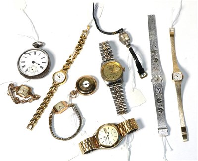 Lot 170 - A lady's wristwatch with case stamped 18K, fob watch stamped 14K, silver pocket watch and seven...
