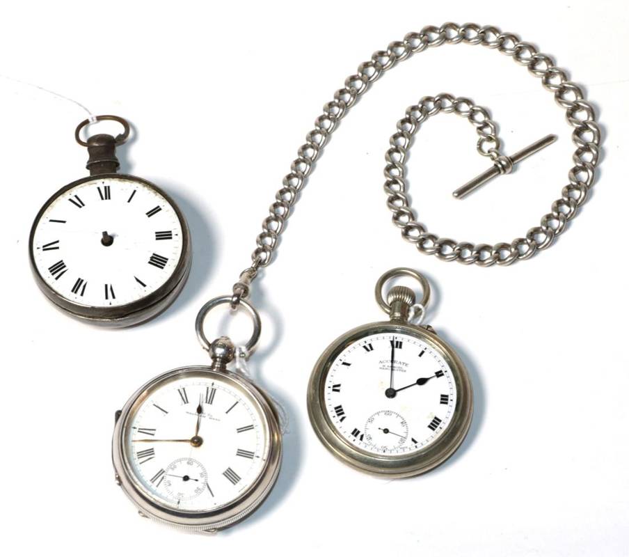 Lot 175 - Two silver pocket watches, a plated pocket watch and a silver watch chain