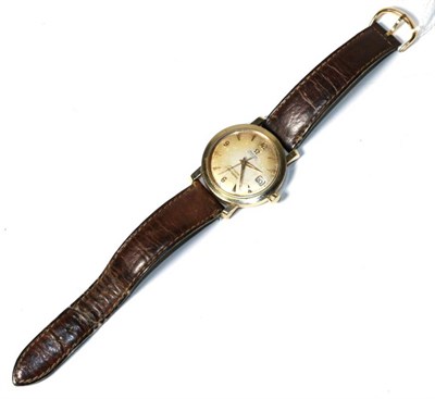 Lot 185 - A gold plated automatic calendar centre seconds wristwatch, signed Omega, model: Calendar Seamaster