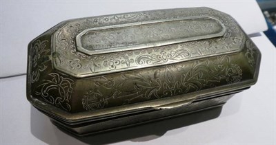 Lot 188 - A 19th century base metal tobacco box with engraved decoration; a quantity of Indonesian white...