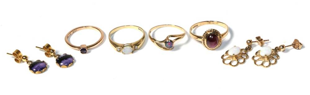 Lot 192 - Three various 9 carat gold gem set rings, finger sizes L1/2, M1/2 and O; a gem set ring,...