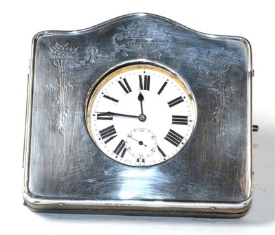 Lot 204 - A silver mounted travelling pocket watch stand, containing a nickel plate open faced pocket watch